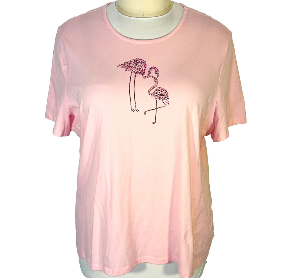 Coral Bay Tee Shirt Womens 3X Pink with Beaded Flamingos Crew Neck Short Sleeve